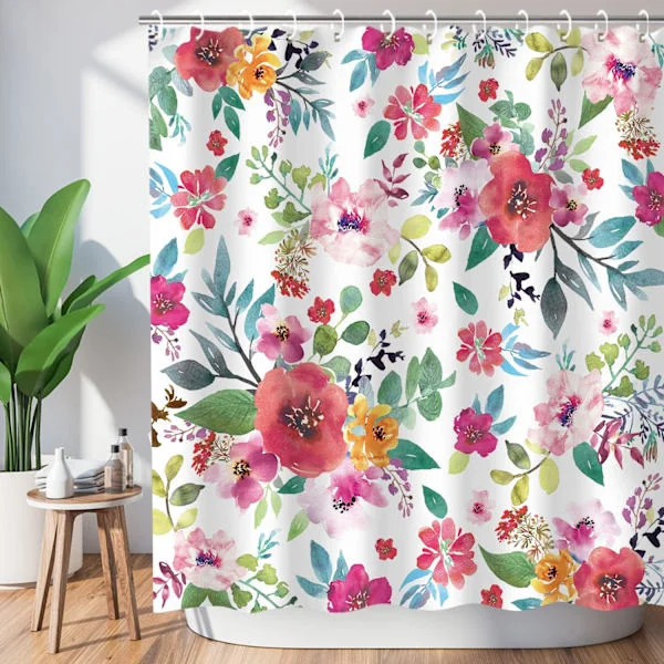 180x180cm Blomstret badeforhæng til badeværelset – Akvarel badeforhæng med kroge – Lyserød blomstret badeværelsesdekoration