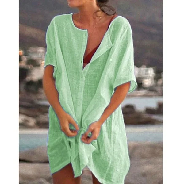 Dame Oversize Bomulds T-shirt Strandkjole, Bikini Cover Up Med Rund Halsudskæring, Knaplukning