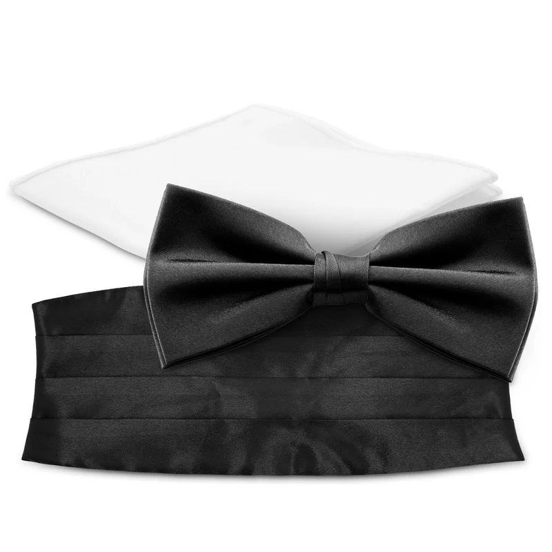 Set con papillon pre-annodato, fazzoletto da taschino, e fascia da smoking bianco e nero per uomini - Set di papillon