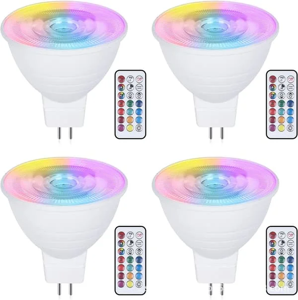 MR16 RGB LED-lamput 3W, 12V himmennettävä värinvaihtospotti kaukosäätimellä, 16 väriä + 3000K lämmin valkoinen, muisti ja ajastin, 4 kpl