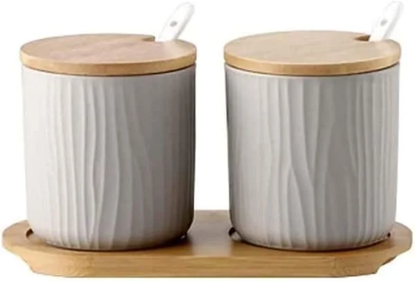 Set of 2 Ceramic Spice Jars with Lids and Spoons, for Kitchen and Table, Grey