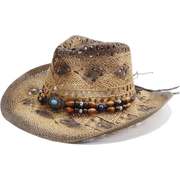 Vævede stråhatte til mænd og kvinder Cowgirl-stråhatte Cowboyhatte til kvinder Cowboyhatte formbar skygge, beach cowgirl, khaki [qb]