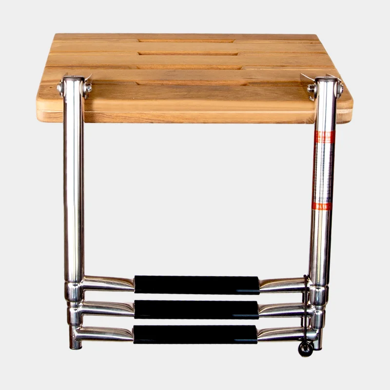 Swim platform with telescopic folding ladder NOCK Swimstep, teak & acid-resistant stainless steel, 46 x 35 cm, 3 steps