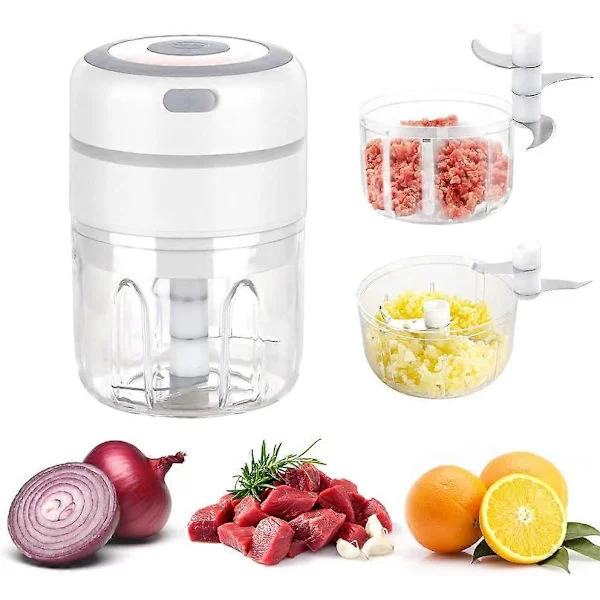 Mini Elektrisk Løk Hakker med 2 Kopper, Multi Elektrisk Kjøkken Blender Hakker 250ML+100ML, USB Oppladbar for Grønnsaker Frukt Kjøtt (Hvit)
