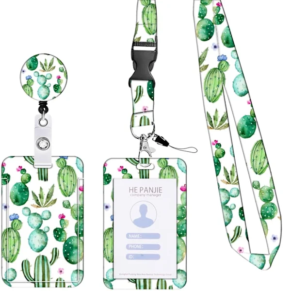 Card Holder with Retractable Lanyard (Cactus), ID Card Holder and ID Card Holder with Retractable Lanyard for Desks, Keys, Mobile Phones, Bus Cards, 