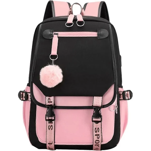 Schoolgirl Student School Bag Outdoor Backpack with USB Charging Port, Black Pink, Backpack Backpack