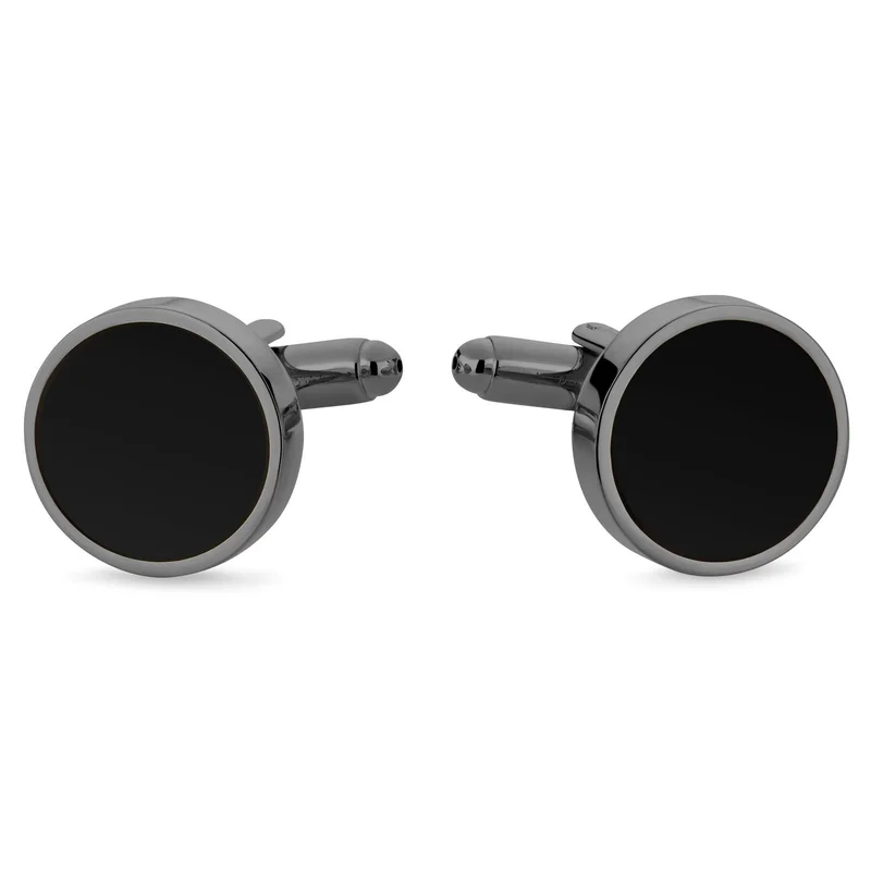 Round Gunmetal Black Cufflinks with Onyx Inlay for Men
