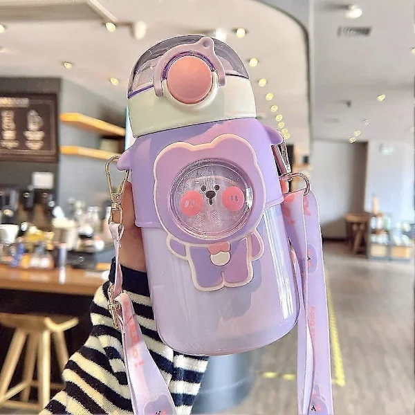 Kawaii Vattenflaska med Sugrör, Söta Vattenflaskor med 3D Kawaii Klistermärke, Rostfri Vattenflaska 600ml (Lila)