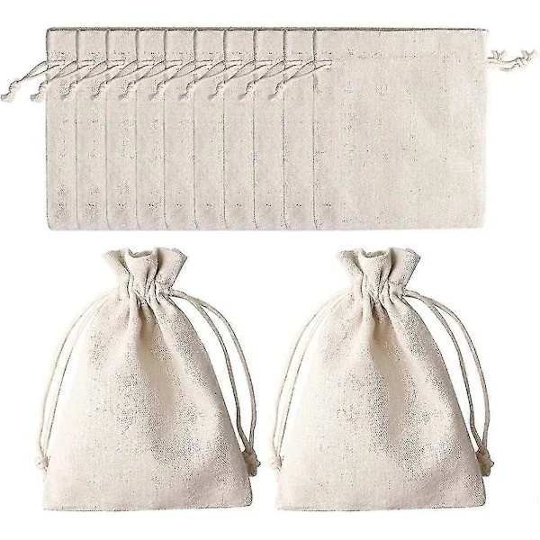 Pakke med 12 Små Bomuldsposer, 12*17cm Beige Bomulds Snøreposer Naturlige Små Stofposer Til Smykker, Gaver, Fyldning af Stofposer