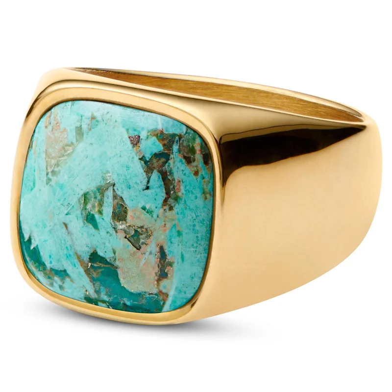 Len Chrysocolla Gold-Tone Gravel Ring for Men - Rings with stones