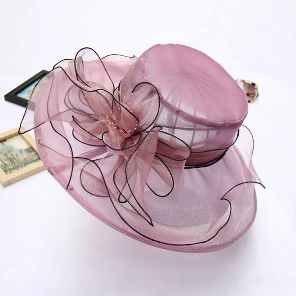 Dame Solhat med Net Blomster Dekoration Bred Skygge Strand Sol Beskyttelse Hat Organza Top Hat
