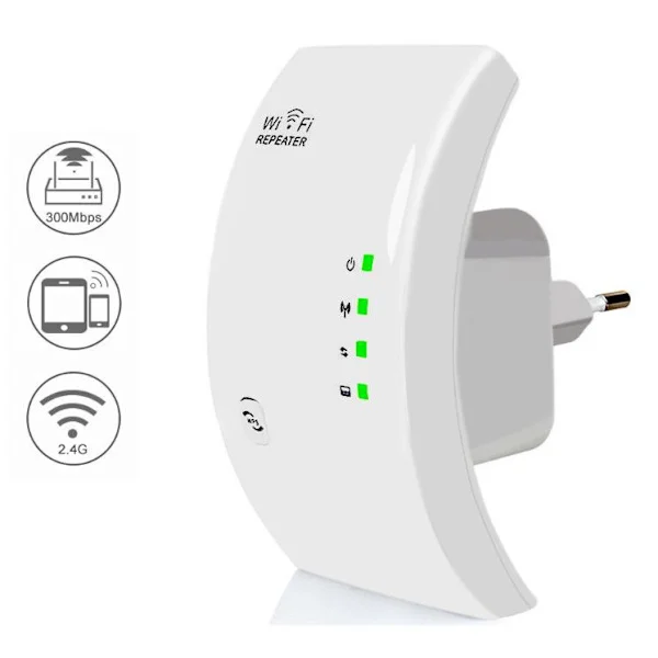 WiFi-repeater, kraftig WiFi-forsterker, WiFi-utvider N300, WiFi-signalforsterker, 1 Ethernet-port, dekker opptil 200