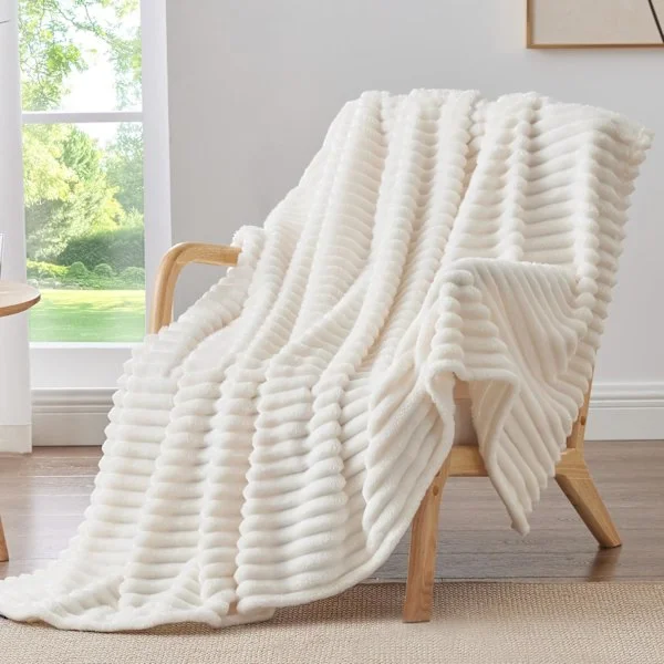 Ullfilt dubbelpack för soffa och säng - Ultramjuk och varm, dekorativ randig elfenbensfilt, 152x203 cm - Perfekt för män, kvinnor, P