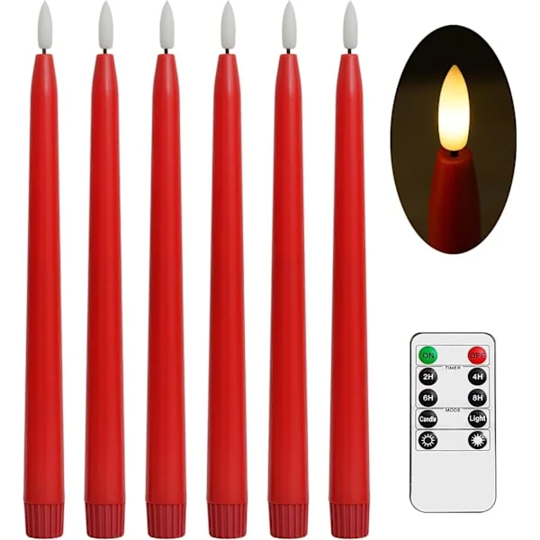 Röda Flamfria Avsmalnande Ljus med Fjärrkontroll - 28 cm LED Ljusstakar Batteridrivna Realistisk 3D-låga med Veke Timer Julset med 6