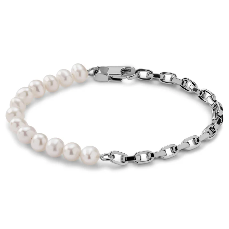 Ocata | Silver-Tone Anchor Chain & Pearl Bracelet for Men - Steel bracelets