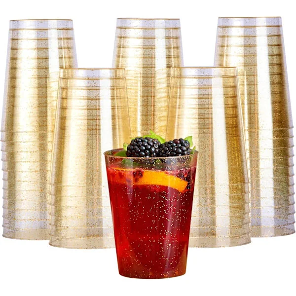 50 Premium Tjocka Plastglas, Plastpartyglas med Guldglitter (285ml / 10oz) - Återanvändbara Plastglas, Tumblers