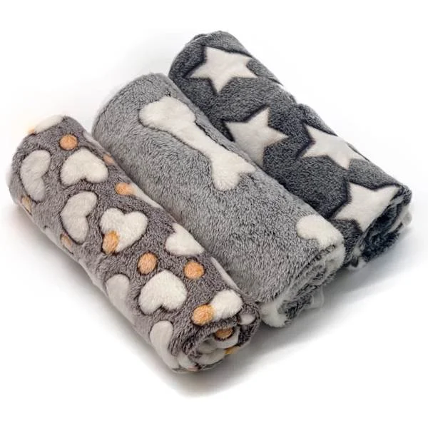 1 Pack 3 Valpfiltar Super Mjuka Varma Sova Mattor Grå Söt Tryckt Fluffig Fleece Husdjur Flanell Pläd Hundfiltar för Små Hundar Katter, (23"x15")