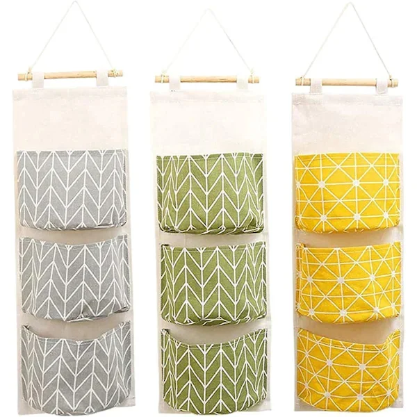 3 Pcs Cute Linen Fabric Hanging Storage Bag Behind Door Foldable Wall Storage for Small Items in Hallway Toys Jewelry Keys 3 Pockets Green