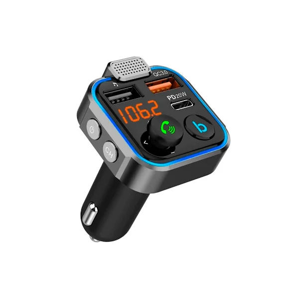 Bluetooth 5.0 FM-sender for bil - 3 ladeportar: x 2 USB QC3.0 + X1 PD 3.0 Type C 20W, Handsfree-funksjon, støydemping, hurtiglading