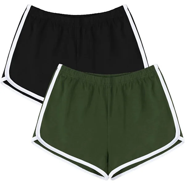 2-pack Cotton Sports Shorts Yoga Dance Short Pants Summer Workout Pants, Black, Army Green (M)