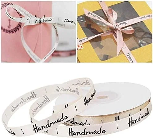 25 Yards Cotton Ribbon, 1cm Width HANDMADE Letter Cotton Ribbon Gift Wrapping Satin for Crafts Gift Deco (Beige)