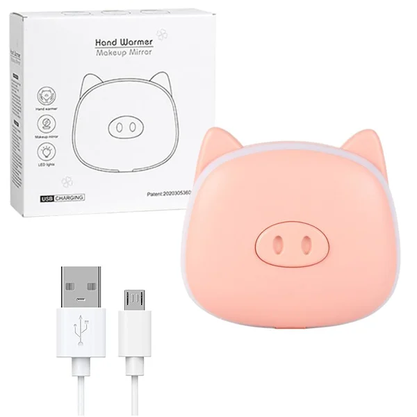 Genopladelig 1000mAh Macaron Tegneserie Dyre USB Håndvarmer med LED Lys Makeup Spejl Vintergaver