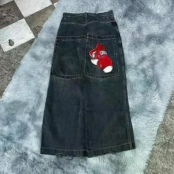 【BQ】Retro Gothic High-Waisted Jeans for Men and Women Y2k Baggy Black Harajuku Hip Hop Patterned Embroidered Blue Denim Pants Wide Leg Jeans S