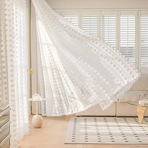 Bohemsk stil ugjennomsiktige gardiner i bomull og lin, 140 x 225 cm, med hule kroker, laget av polyester og lin