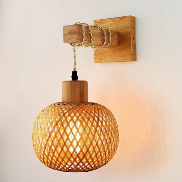 Bambu Vägglampa Belysning Rotting Vägglampor för Sovrum, Lantlig Vägglampa med Bambuskärm, Rustik Boho Vägglampa Armatur för Vardagsrum