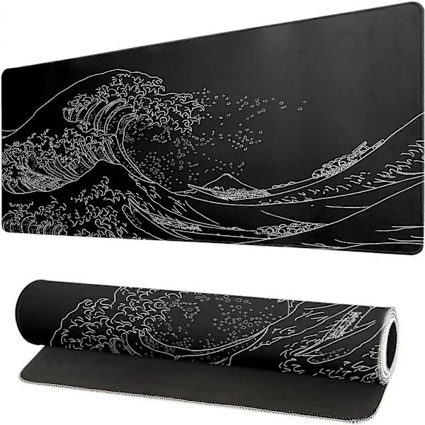 Large Mouse Pad with Ocean Wave, Anime Black Gaming, Extended Kanagawa Mat Desk Pad, 3mm Thick Long Non-Slip Rubber Base Mouse Pad, 80 x 30 cm
