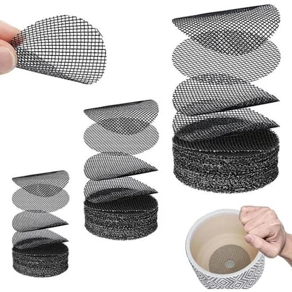 Blomkruksnätmattor - Andningsbart plastnät för blomkruksbottnar - Runda dräneringsskärmar för att förhindra jordförlust - Svart - 50 stycken - 10X10CM
