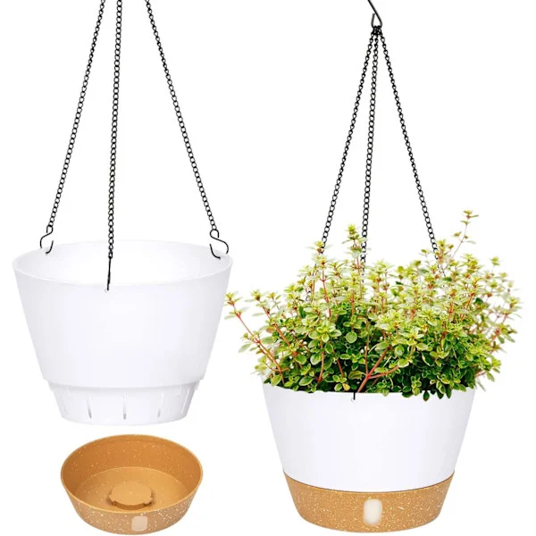 2-pack 25 cm Diameter Hanging Planters Indoor Outdoor with Drainage Hole and 3 Hooks for Garden and Home (White)