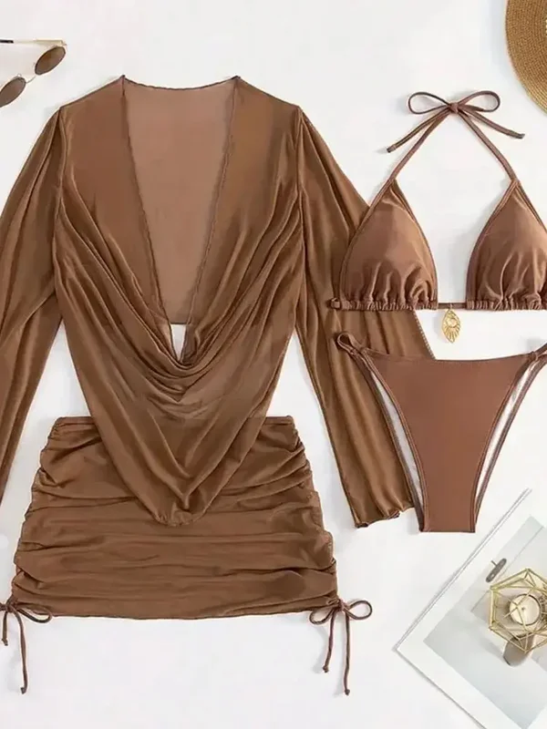 AliExpress - 4-teiliges sexy einfarbiges Bikini-Set mit transparentem Überzug, geeignet für Urlaub, Strandparty, perfekt für Neujahr und Valentinstag