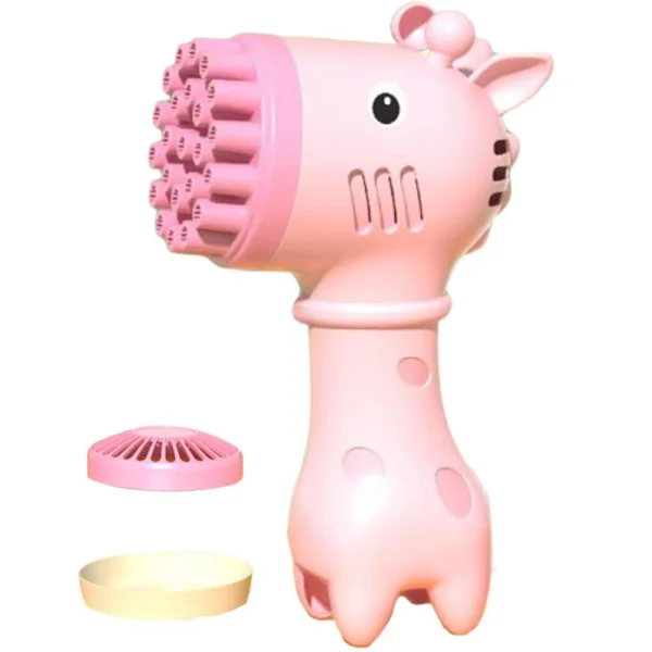 Boblemaskin | 2 i 1 Tegneserie Giraff Boblemaskin Leke | Sommerleke Gave 32 Hull for Sommer Utendørs Bursdagsaktivitet (Rosa)