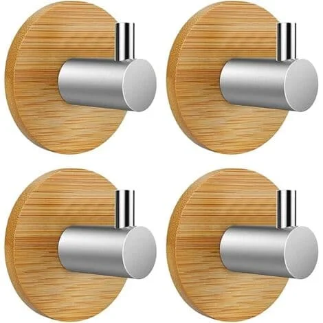 Självhäftande krok, väggkrok, självhäftande krok för badrum, kök, kontor, dörr, 4 delar (bambu och rostfritt stål, rund)