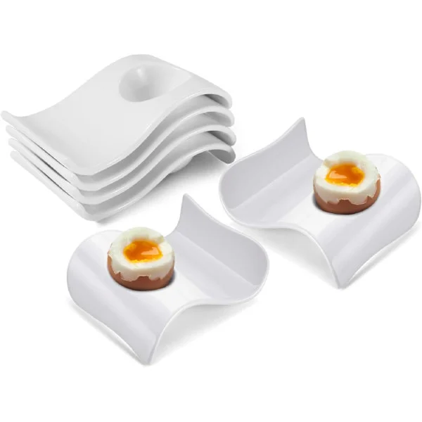 Ceramic Egg Cup - 6-Piece Hard Boiled Egg Cup & Soft Boiled Egg Cup Set, White Boiled Egg Cup, Stable & Stackable Modern Wave Style Egg