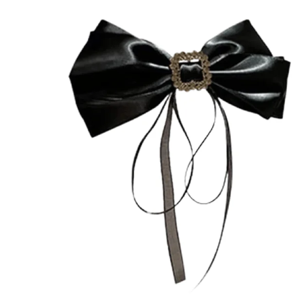 Large Bow Hair Clip Rhinestone Hair Clip Strong Grip Bow Hair Clip Long Ribbon Hair Bow Vintage Hair Accessories for Women Girls (Black)