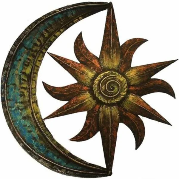 Sol og måne metal vægdekoration, kreativ vægdekoration til haven, vintage vægdekoration til stue og soveværelse (30 x 30 cm)
