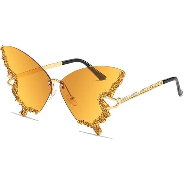 Women's Rimless Sunglasses Butterfly Vintage-Retro Funky Colored Diamond Rhinestone Glasses Festival Rave 70s Party Sunglasses