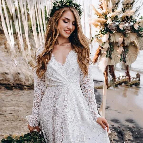 Summer V-neck Long Sleeve Transparent Dress with Train, Maxi Dress, White, S