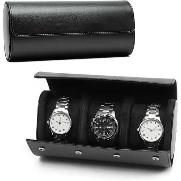 Watch Roll for 1/2/3 Watches, Vintage Watch Roll for Men, Watch Display Case, Portable Leather Watch Storage Box for Travel Black