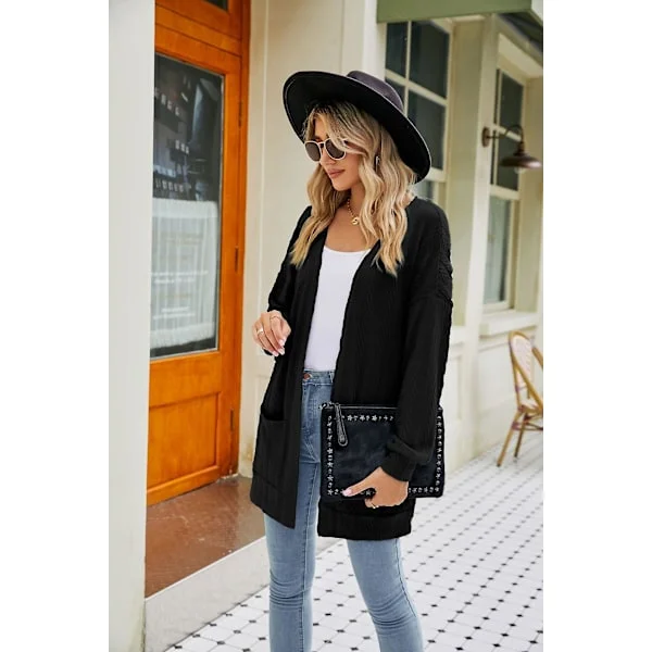 Efterårsfrakke kvinder efterår ensfarvet cardigan sweater kvinder Sort