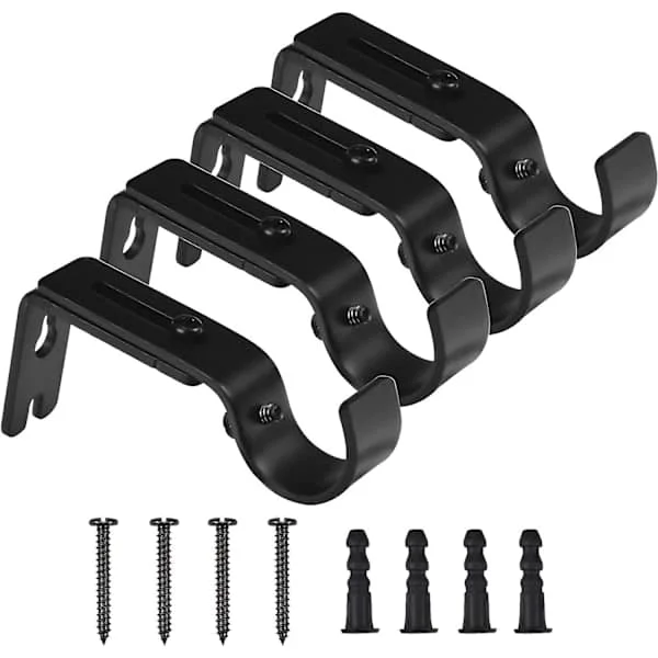 Curtain Rod Bracket, 4 Adjustable Wall Brackets, Metal Curtain Rod Holder, Curtain Bracket with 8 Mounting Screws for Curtain Rods (Black)