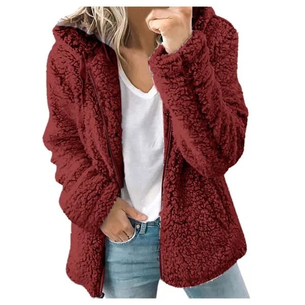 Fleece Fluffy Hoodie Women's Long Sleeve Jacket Winter Warm Teddy Bear Cardigan Red