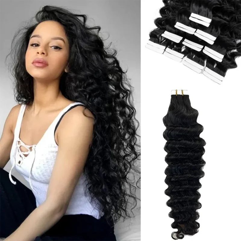 AliExpress - Deep Wave Tape In Extensions 100 % Echthaar Deep Curly Tape on Hair Extensions Skin Weft Remy Natural Hair Extensions # 1B