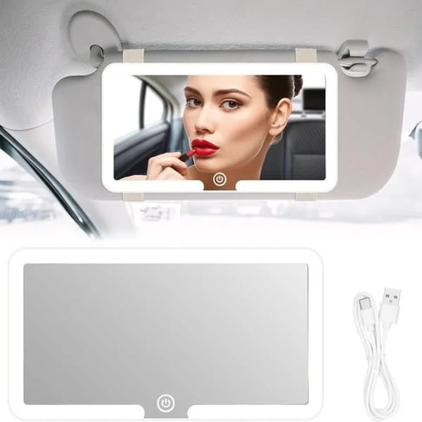 Car Makeup Mirror - with LED Lights - 3 Light Modes - Makeup Mirror - Dimmable Car Sun Visor Mirror with Touch Control - Portable Travel Model - USB