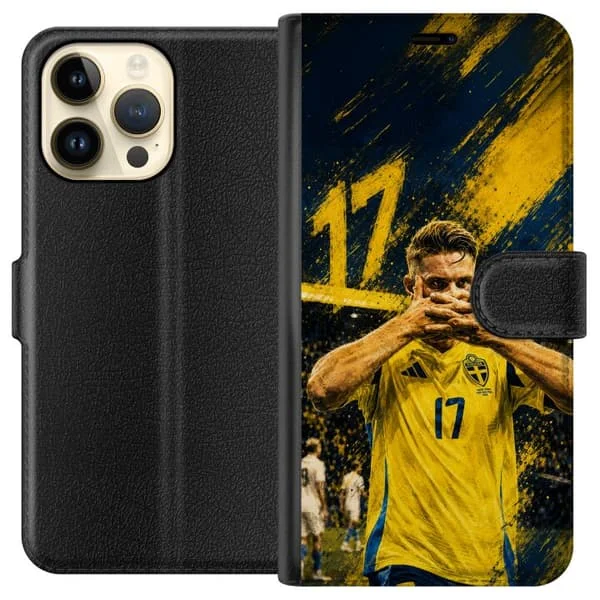 Kompatibelt Lommeboketui til Apple iPhone 15 Pro Max Viktor Gyökeres i en dramatisk fotballillustrasjon med blågule farger og nummer 17.