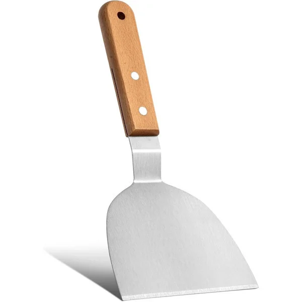 Stekspade i rostfritt stål med trähandtag, stekspade i metall, grillspade, kökshjälp, robust metallspade för grillning
