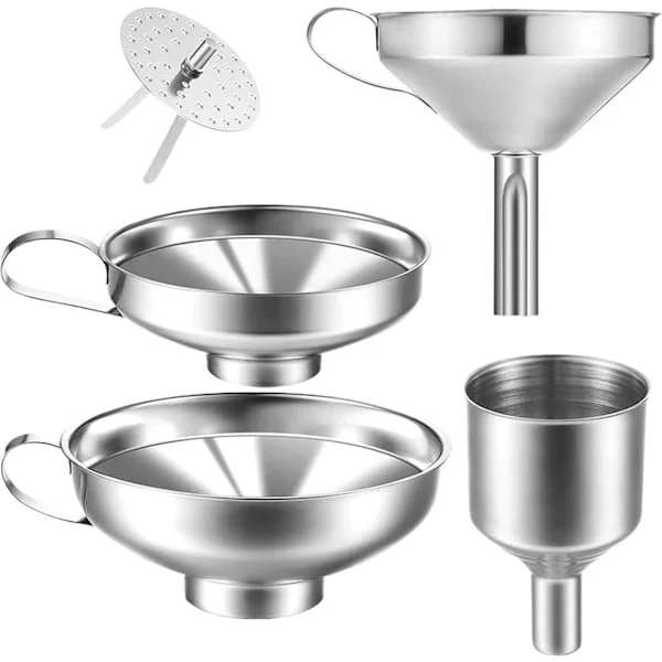 Trakter - 4-pakning kjøkkentrakter i rustfritt stål, syltetøy-trakter, kjøkkenverktøy, egnet for glasskrukker og krydderglass, tåler oppvaskmaskin.