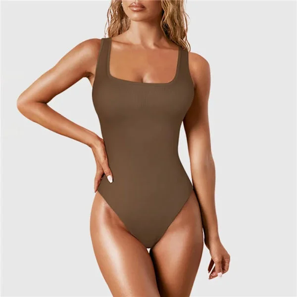 Body Shapewear för kvinnor Magkontroll String Body Shaper Sömlös Ribbad Jumpsuit med Fyrkantig Hals T-Back Enfärgad Sexig Jumpsuit Kaffe
